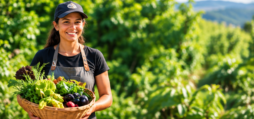 Productora misionera con una canasta de verduras frescas